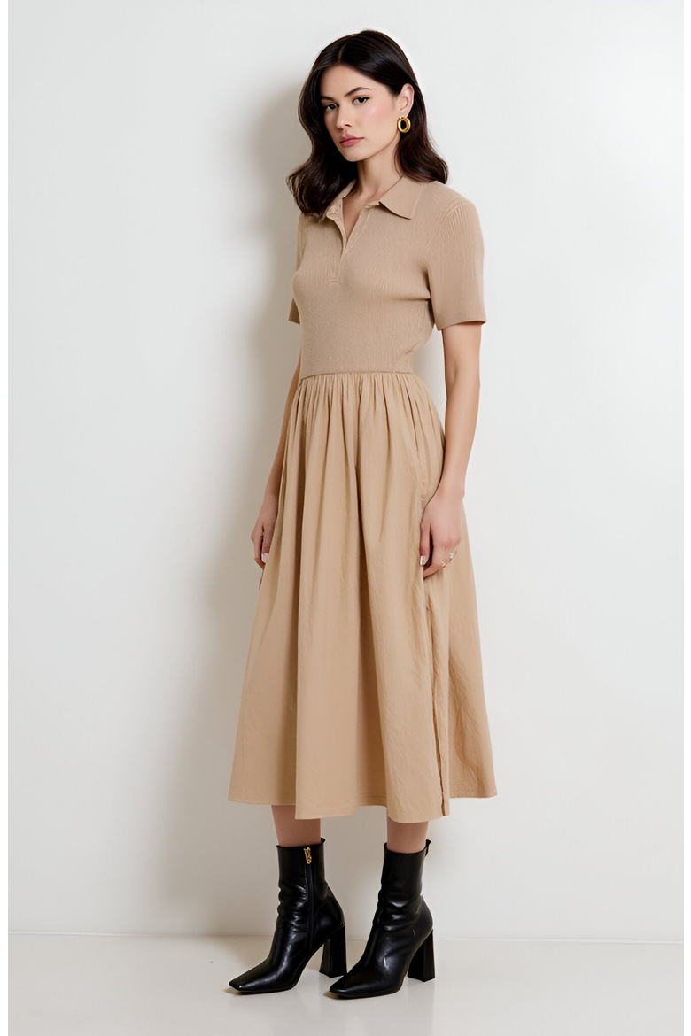 Polo Collar Short-Sleeve Gathered A-Line Midi Sweater Dress, Alternate, color, Beige