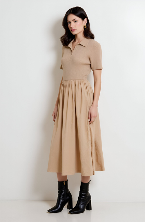 Modenaire Polo Collar Short-sleeve Gathered A-line Midi Sweater Dress In Brown