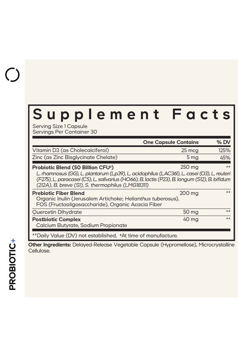 Probiotic+ 50B CFU, 12 Strains, Prebiotic Fiber, Postbiotics Supplement, Alternate, color, White