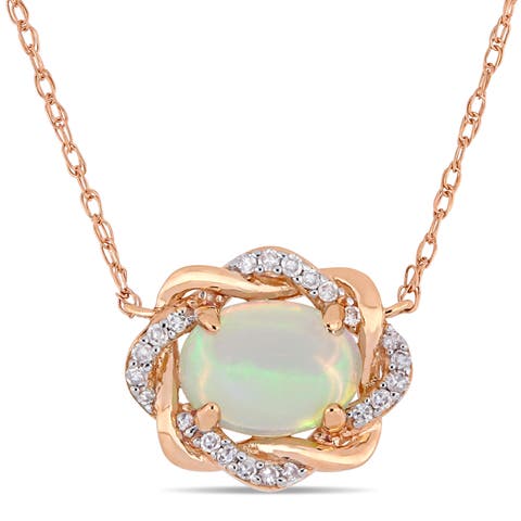 Opal & Diamond Halo Necklace 10K