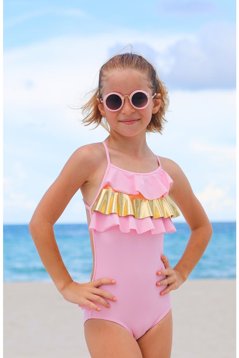 Shimmering  Ruffle Detail One-Piece Swimsuit, Alternate, color, Pastel Pink