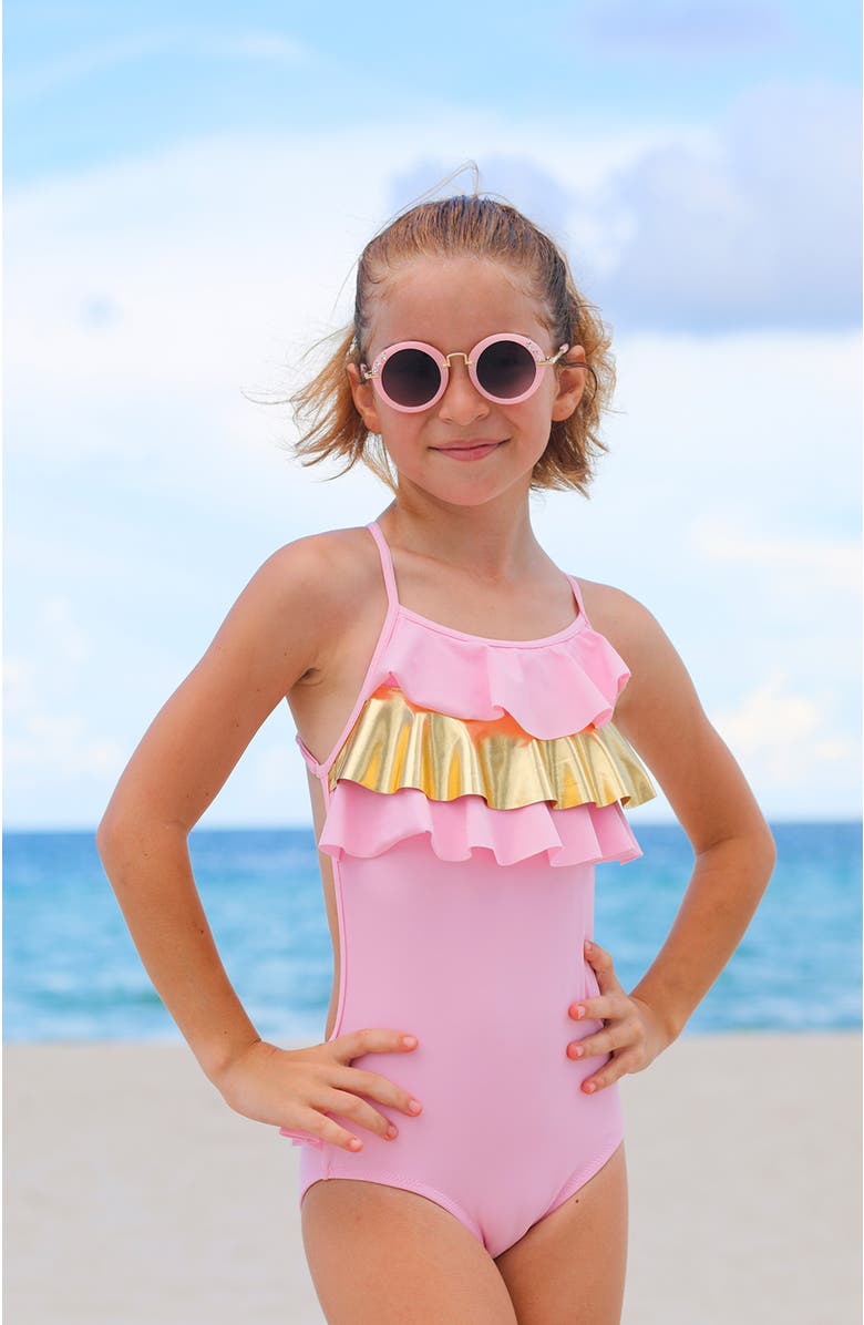 NESSI BYRD Shimmering Ruffle Detail One-Piece Swimsuit, Alternate, color, Pastel Pink