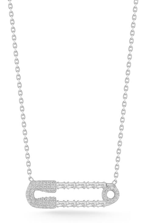 Cubic Zirconia Safety Pin Pendant Necklace