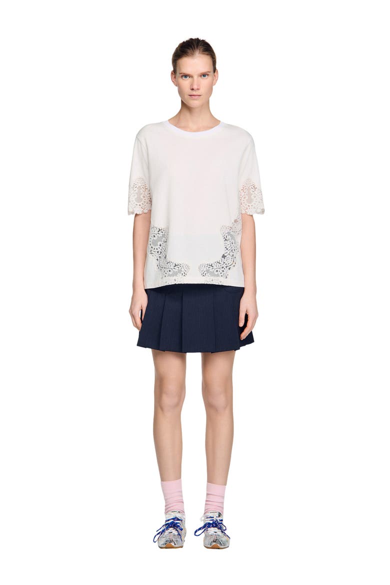 Cotton T-shirt with lace detail, Alternate, color, Ecru