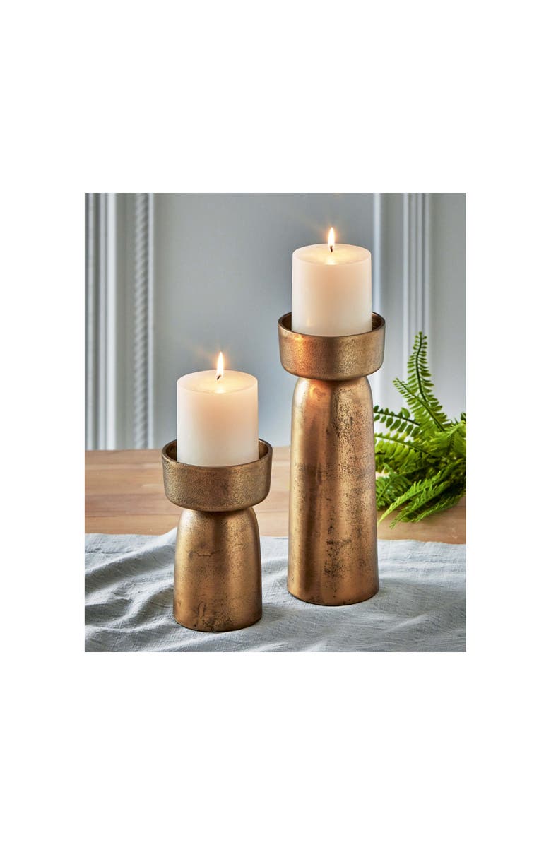tag Knoll Short Pillar Candle Holder Antique Brass Gold Aluminum, Alternate, color, Gold
