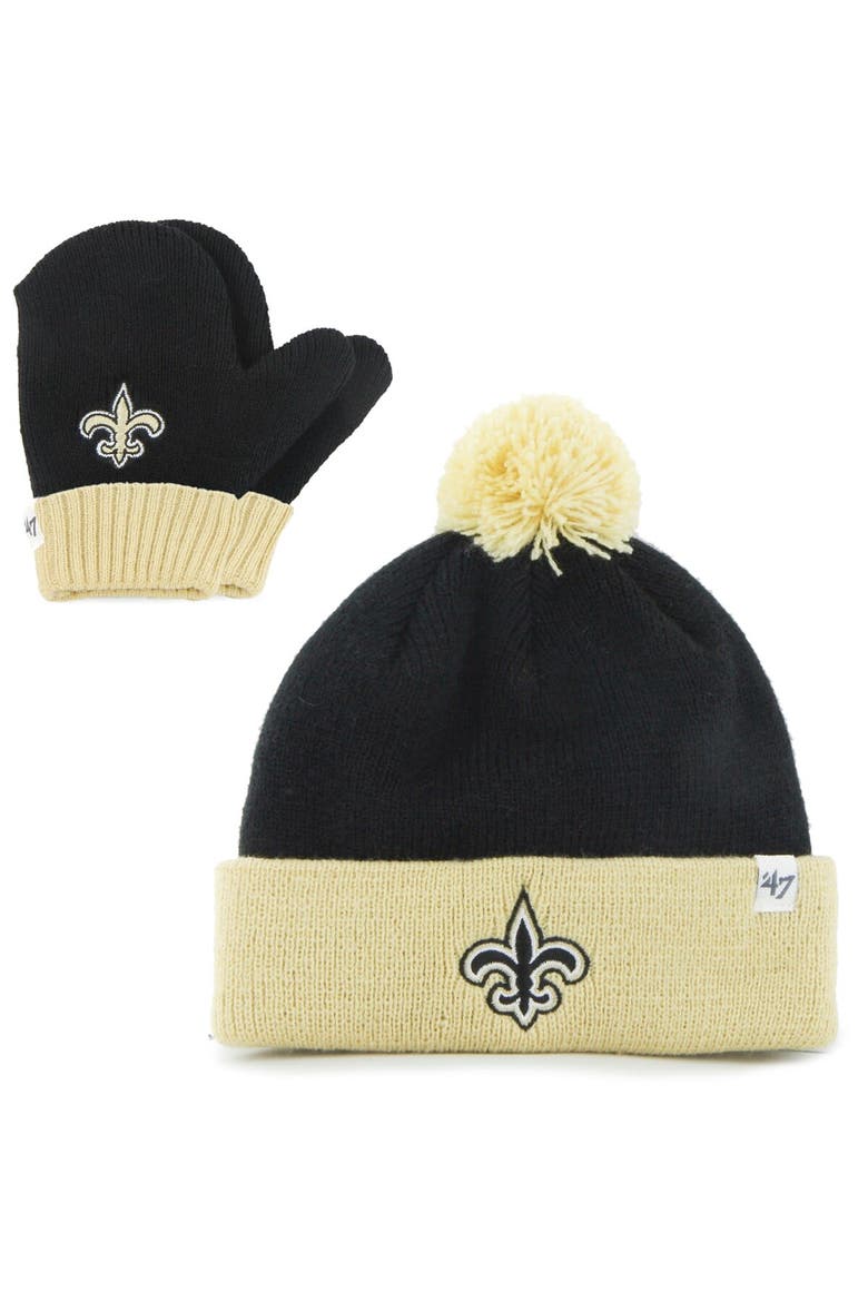 Toddler '47 Black/Gold New Orleans Saints Bam Bam Cuffed Knit Hat with Pom and Mittens Set, Main, color, Black