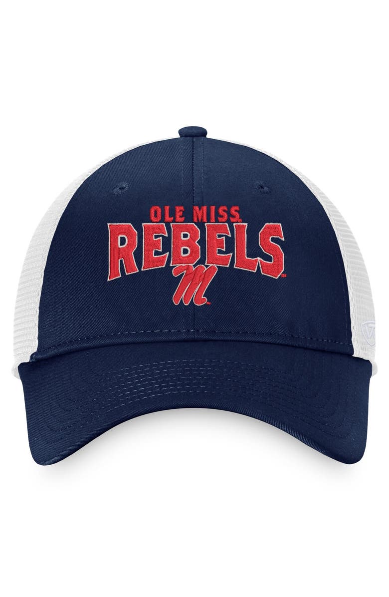 TOP OF THE WORLD Men's Top of the World Navy/White Ole Miss Rebels Breakout Trucker Snapback Hat, Alternate, color, 