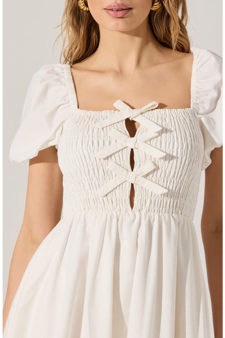 Bow Detail Smock Bodice Cotton Blend Dress, Alternate, color, WHITE