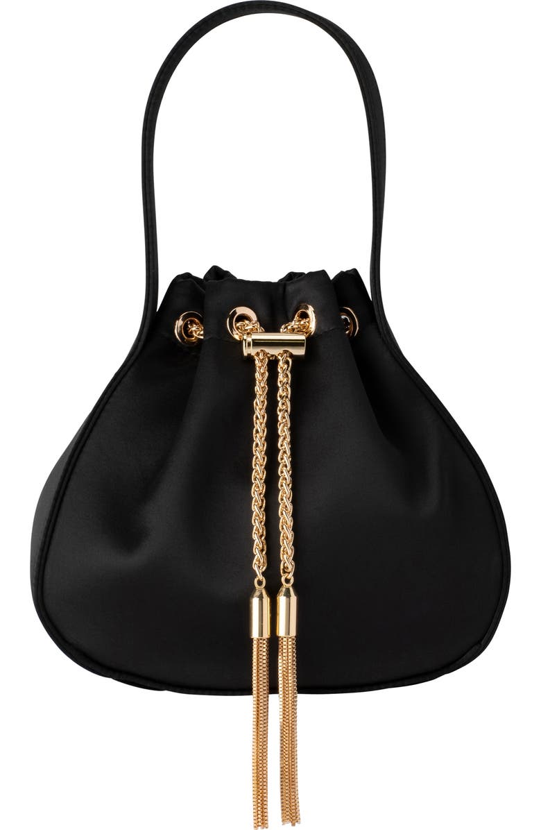 Olga Berg Miki Satin Drawstring Clutch, Main, color, Black