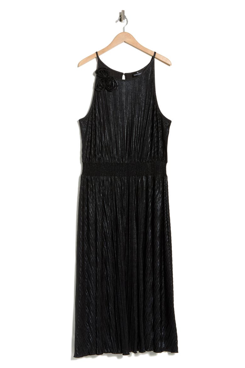 Rosette Sleeveless Foil Pleated Dress, Alternate, color, BLACK