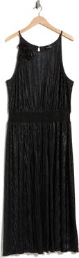 Oleg Cassini Rosette Sleeveless Foil Pleated Dress