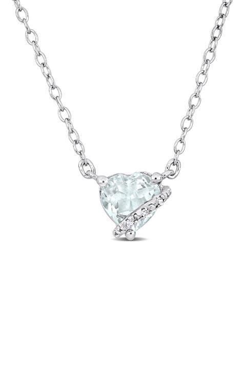 Sterling Silver Aquamarine & Diamond Heart Pendant Necklace