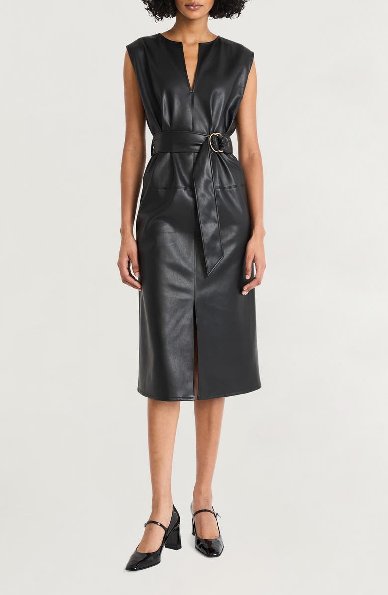 Luxely Faux Leather Belted Midi Dress, Main, color, Black