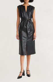 Luxely Faux Leather Belted Midi Dress