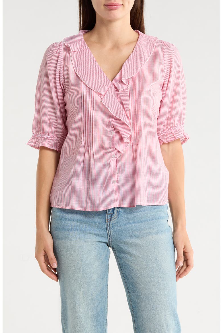 Ruffled Button-Up Shirt, Main, color, RED TULIP