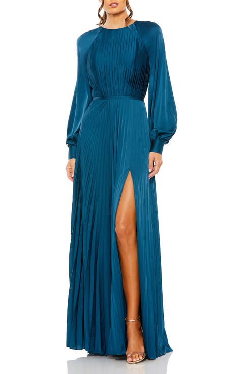 Pleated High Neck Raglan Long Sleeve Side Slit Gown
