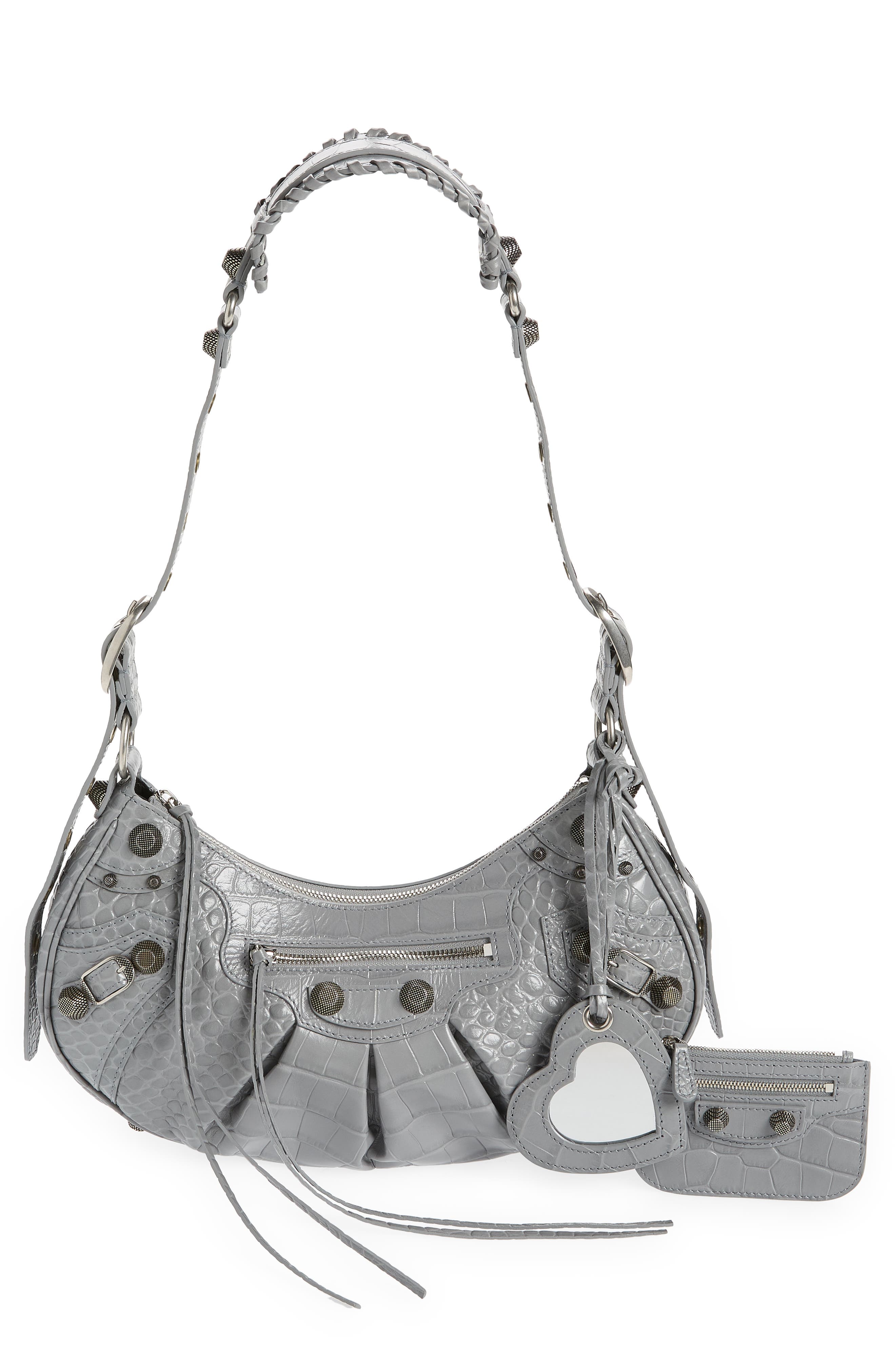 Balenciaga Le Cagole Small Metallic Croc Embossed Leather Shoulder Bag, Main, color, 