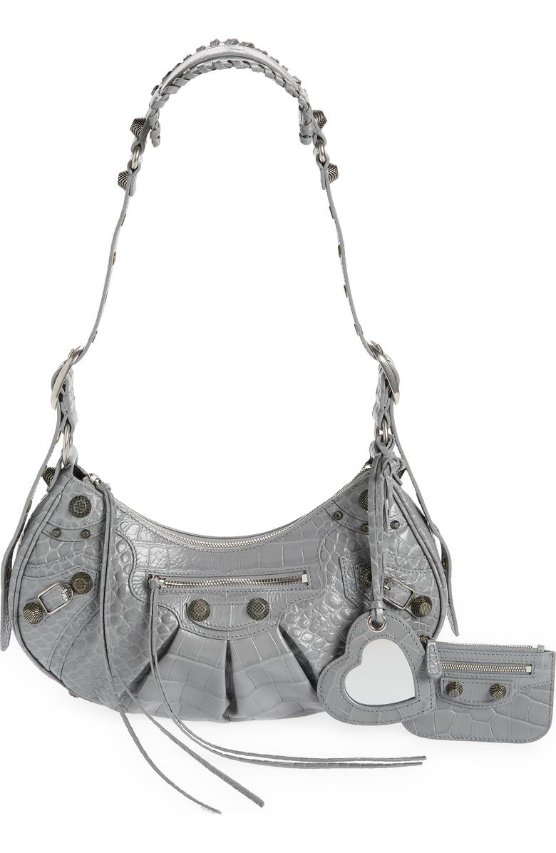 Balenciaga Le Cagole Small Metallic Croc Embossed Leather Shoulder Bag, Main, color,