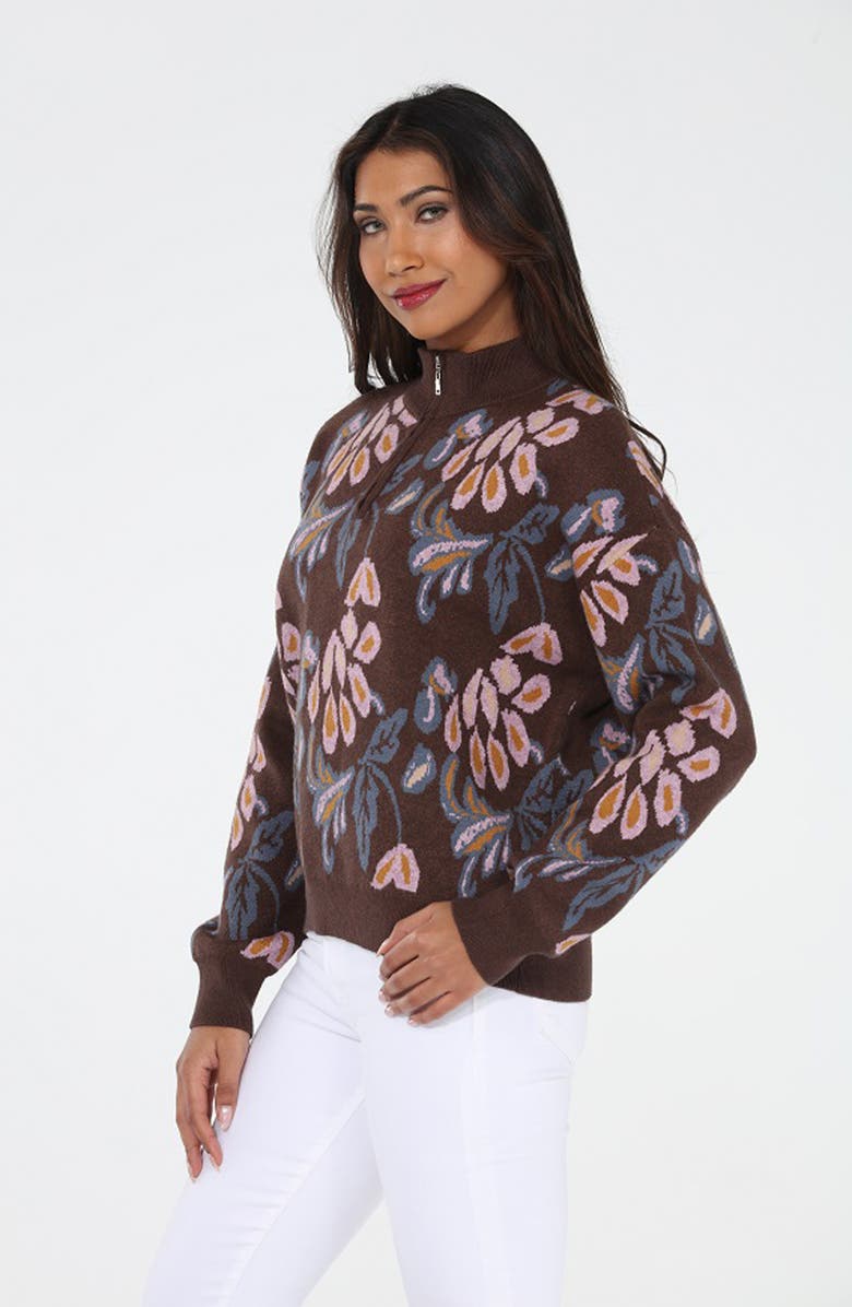 RAIN AND ROSE Floral Quarter Zip Sweater, Alternate, color, Brown