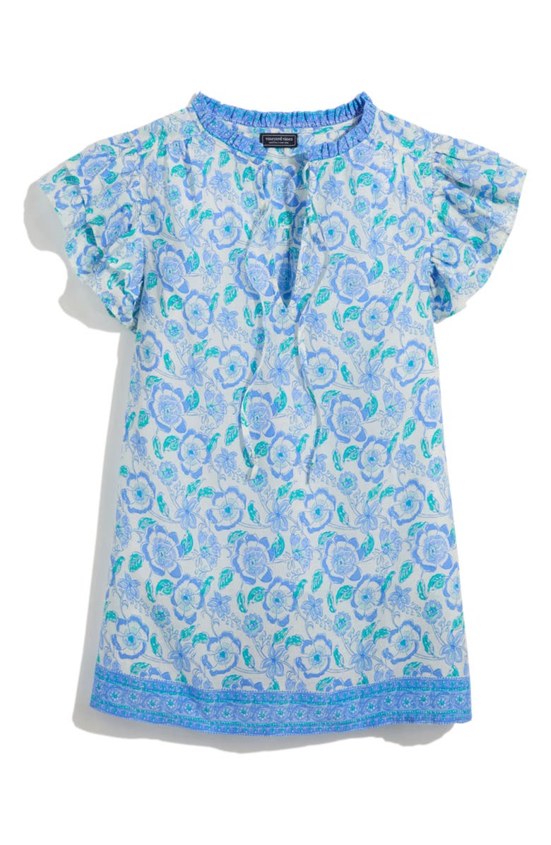 vineyard vines Print Ruffle Sleeve Top, Alternate, color, Frangipani Print Marsh/Blue