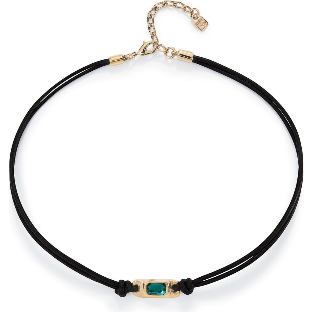 Unode50 Green Crystal Leather Necklace In Black