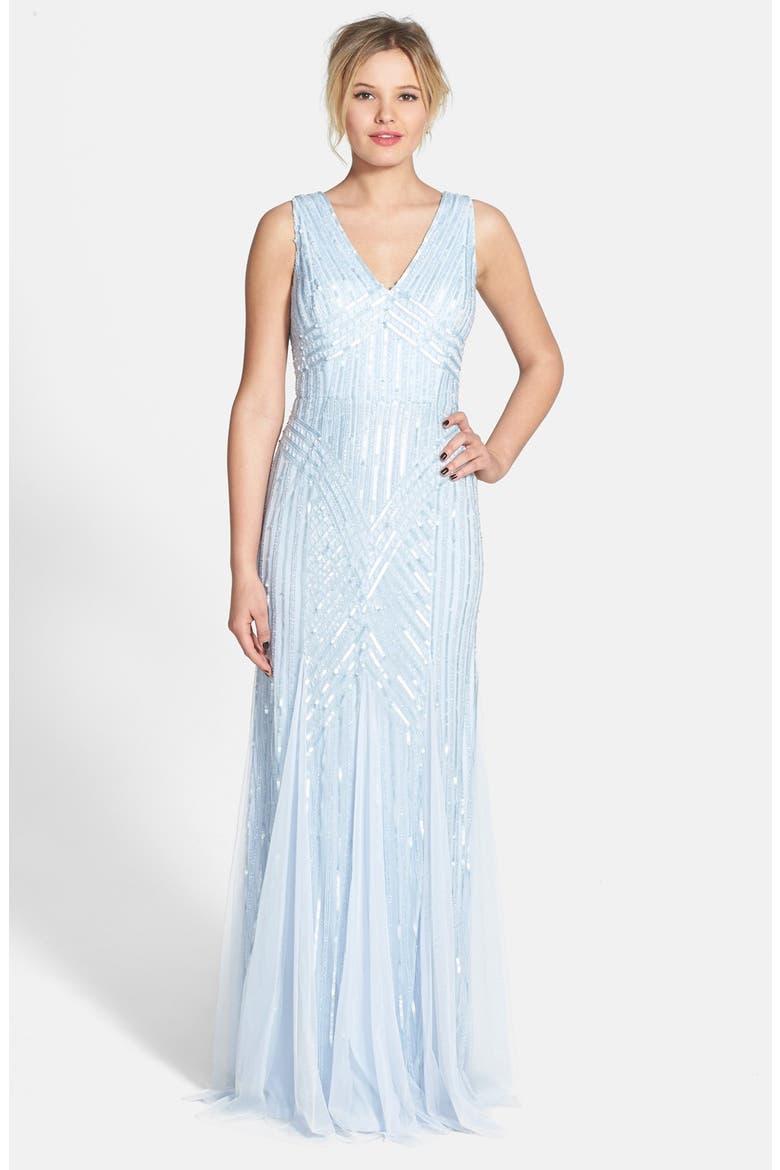 Beaded Mesh V-Neck Trumpet Gown, Main, color, ICE BLUE