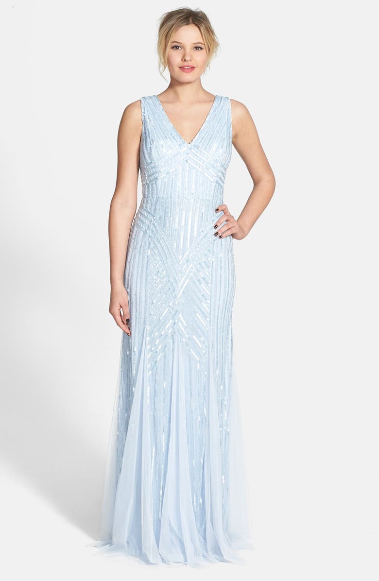 Adrianna Papell Beaded Mesh V-Neck Trumpet Gown, Main, color,