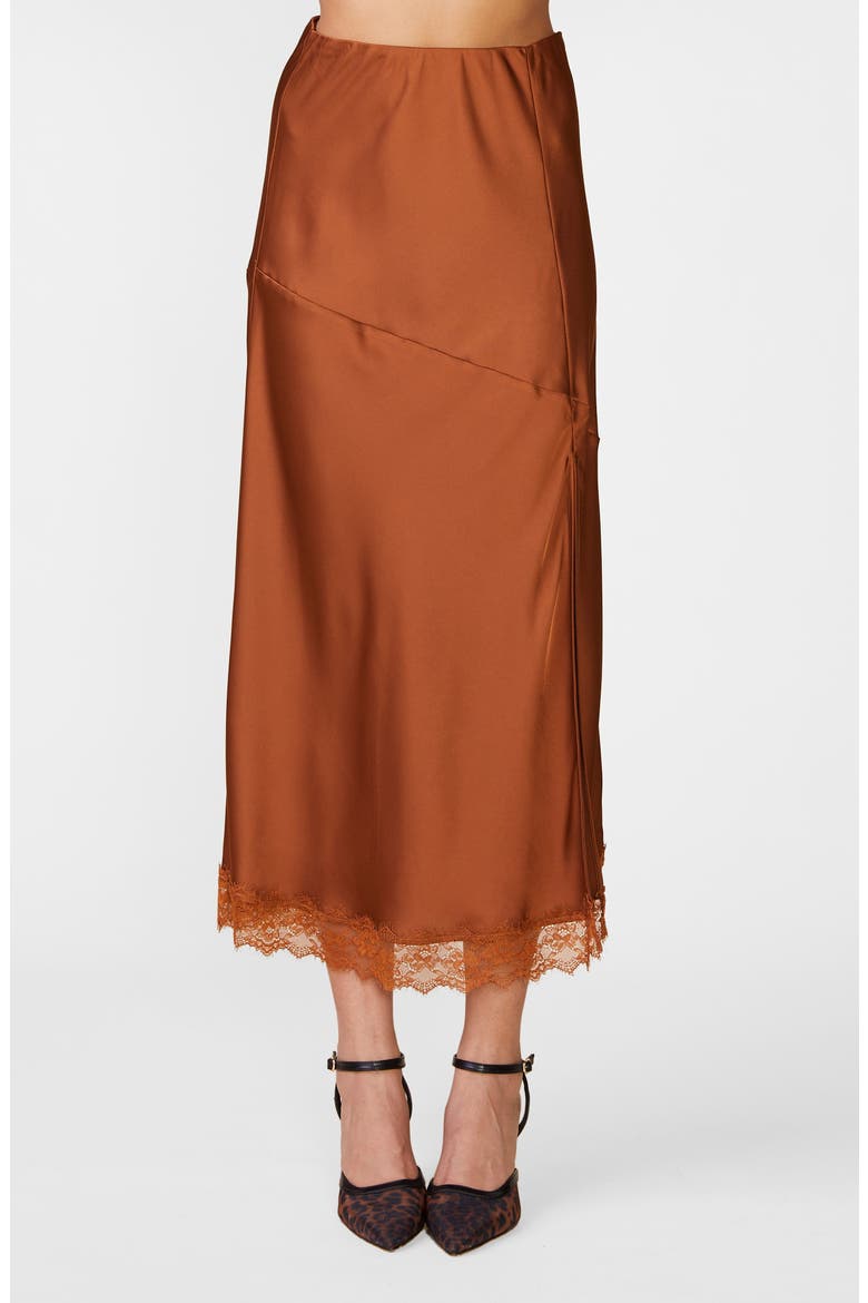 Lace Trim Satin Midi Skirt, Main, color, CARAMEL