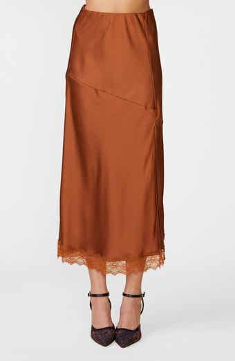 Lace Trim Satin Midi Skirt