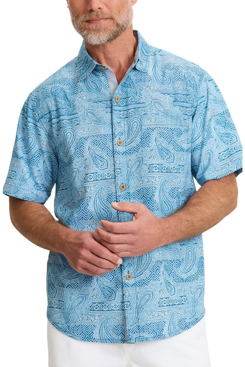Coastal Ease Azul Falls Bandana Print IslandZone® Short Sleeve Button-Up Shirt, Main, color, SAXONY BLUE