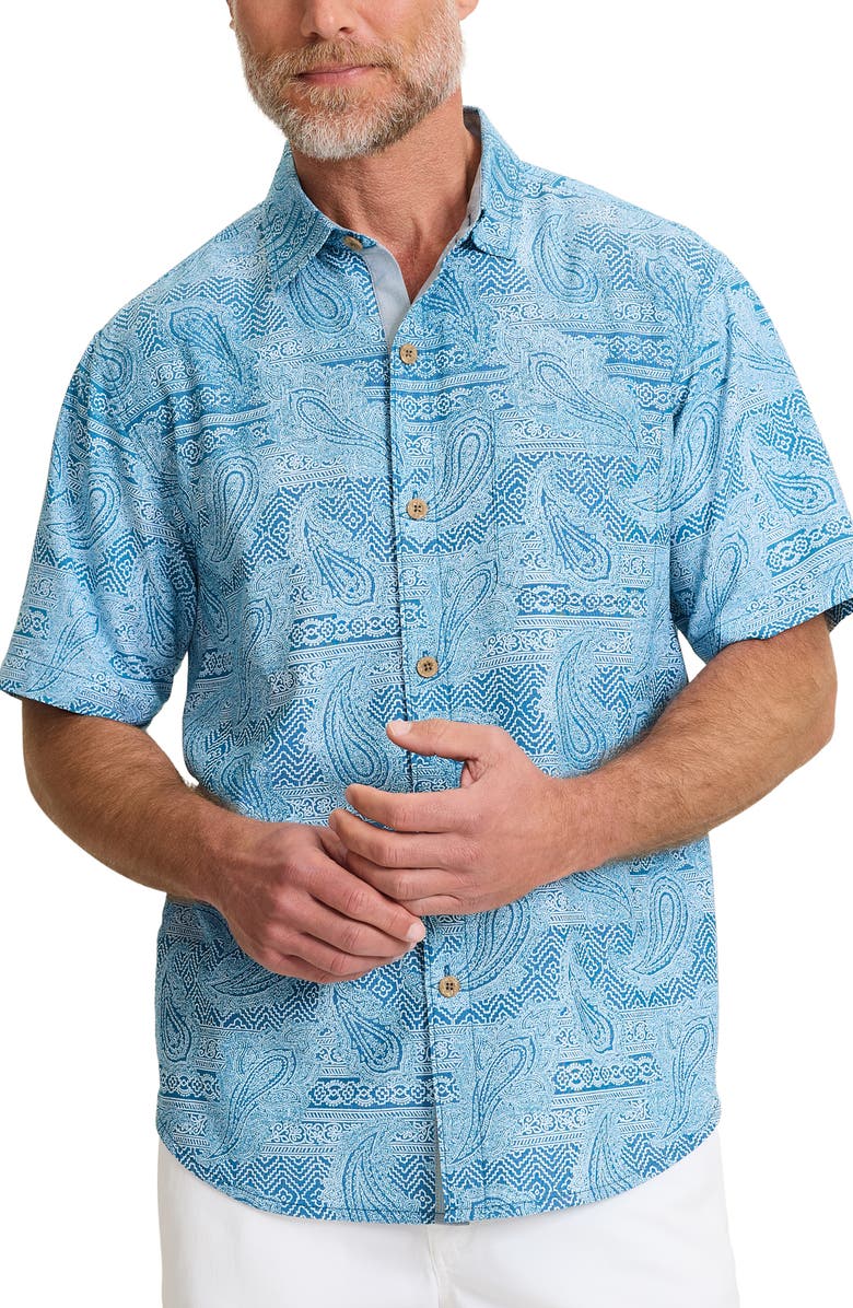 Tommy Bahama Coastal Ease Azul Falls Bandana Print IslandZone<sup>®</sup> Short Sleeve Button-Up Shirt, Main, color, Saxony Blue