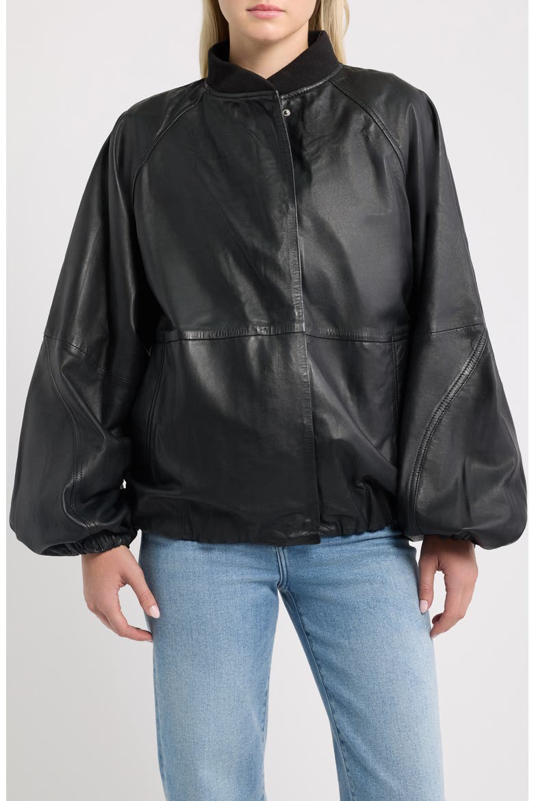 Kylie Oversized Leather Bomber Jacket, Alternate, color, BLACK