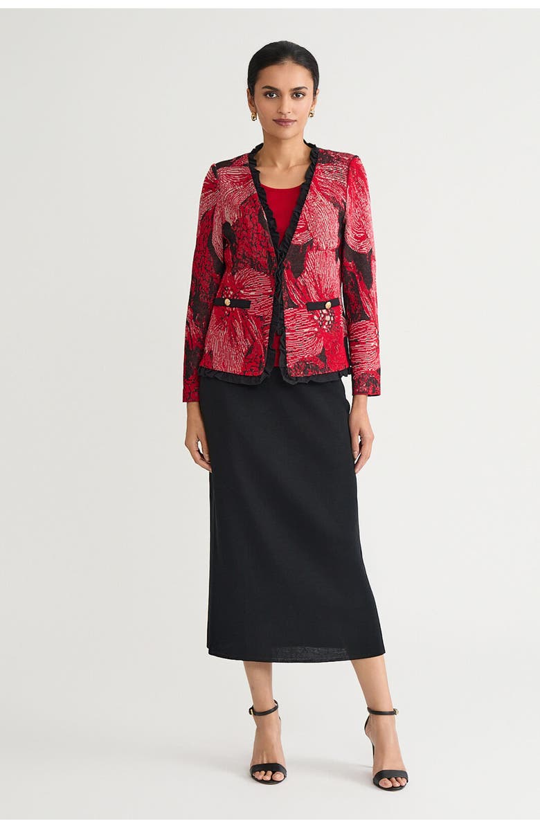 Ming Wang Heritage Floral Ruffle Trim Jacquard Knit Jacket, Alternate, color, Holiday/Twig/Black