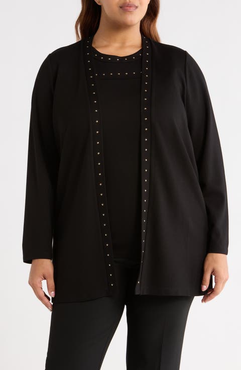 Studded Open Front Cardigan (Plus)