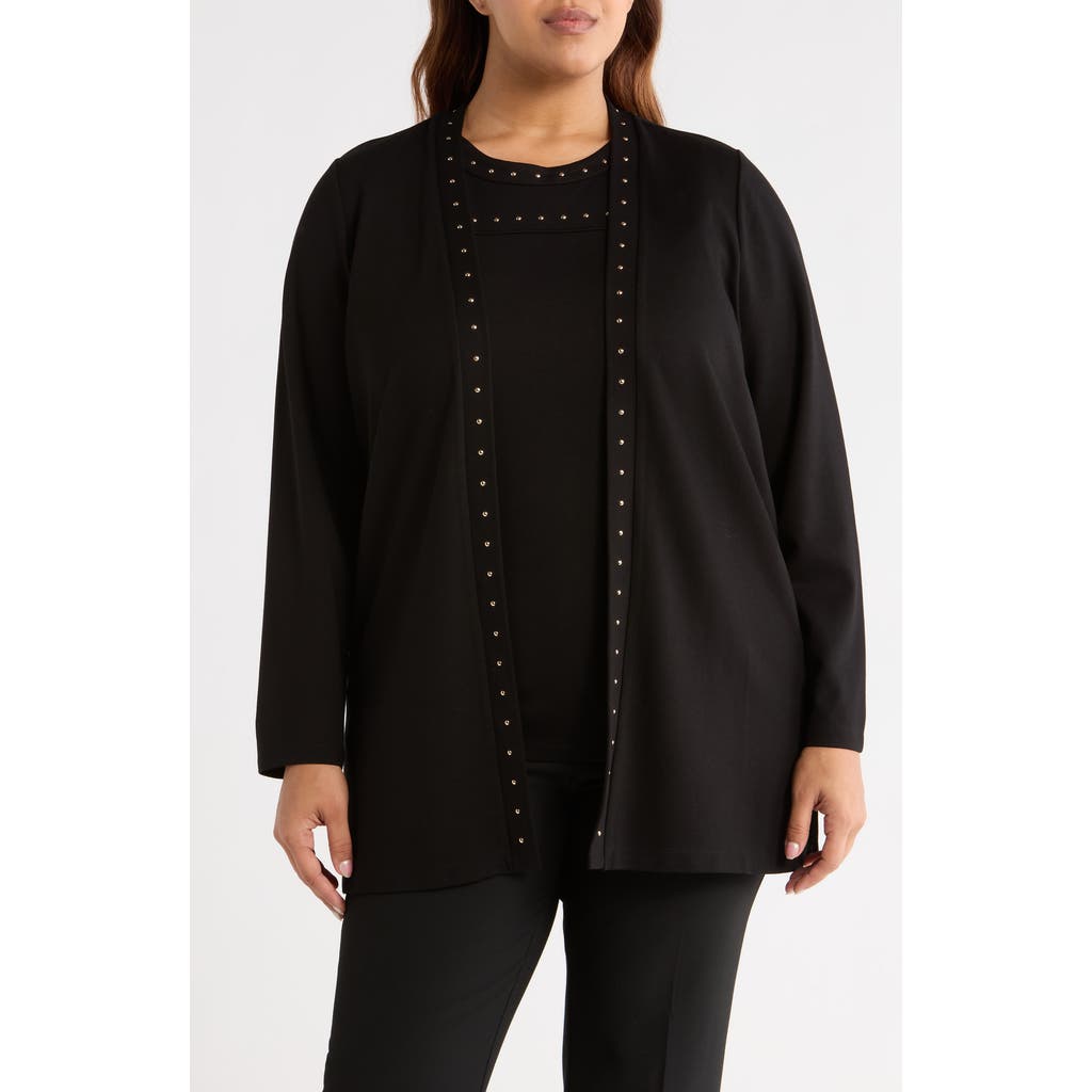 Anne Klein Plus Size Stud-trim Open-front Cardigan In Black