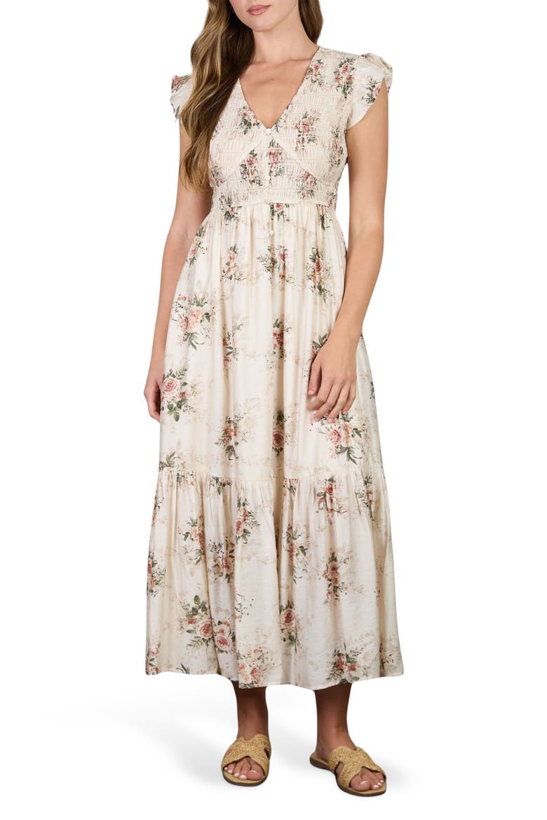 Floral Smocked Midi Dress, Main, color, IVORY MULTI