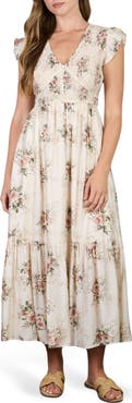 AUGUST SKY Floral Smocked Midi Dress