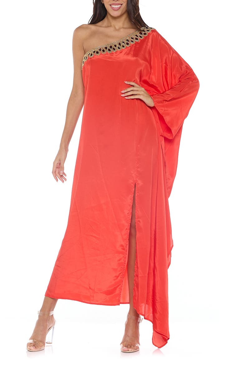 Embellished One-Shoulder Long Sleeve Cover-Up Dress, Main, color, RED