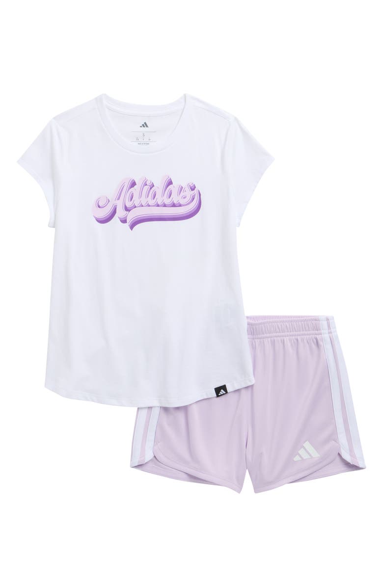 adidas Kids' Graphic T-Shirt & Shorts Set, Main, color, White/ Purple