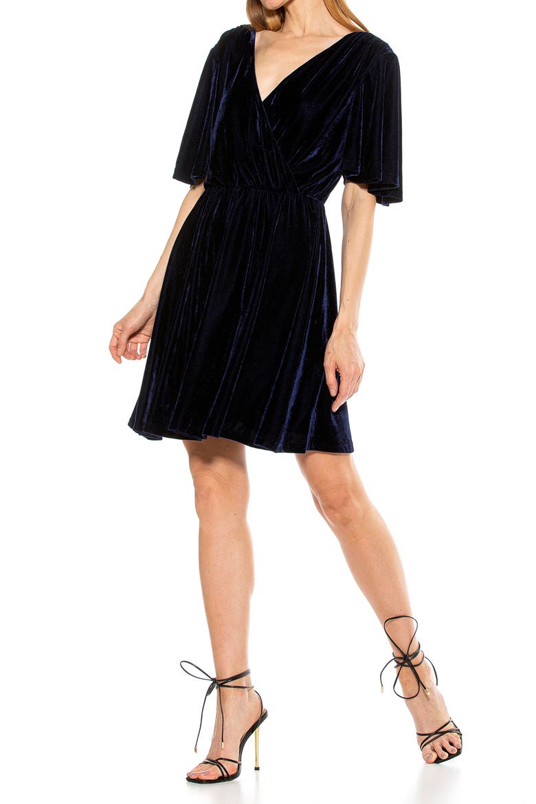 Oakless Velvet Flutter Sleeve Fit & Flare Dress, Alternate, color, NAVY