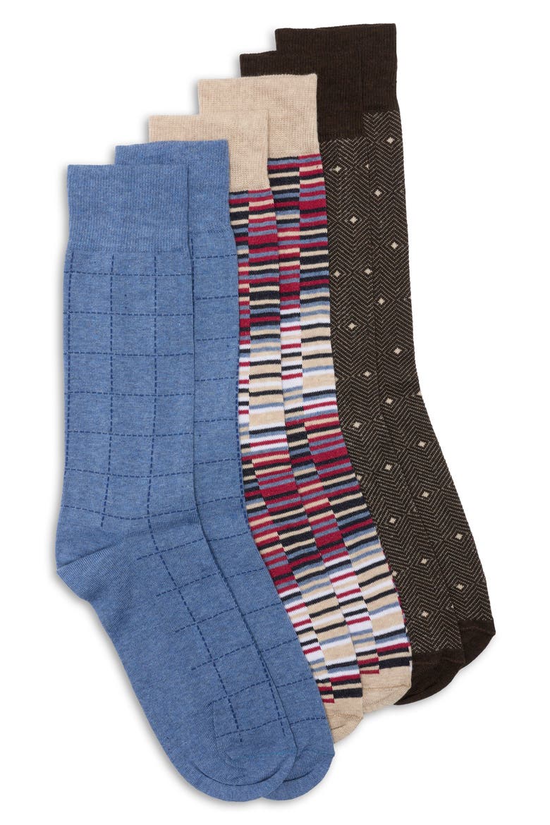 3-Pack Dashes Grid Diamond Dress Socks, Main, color, TAUPE