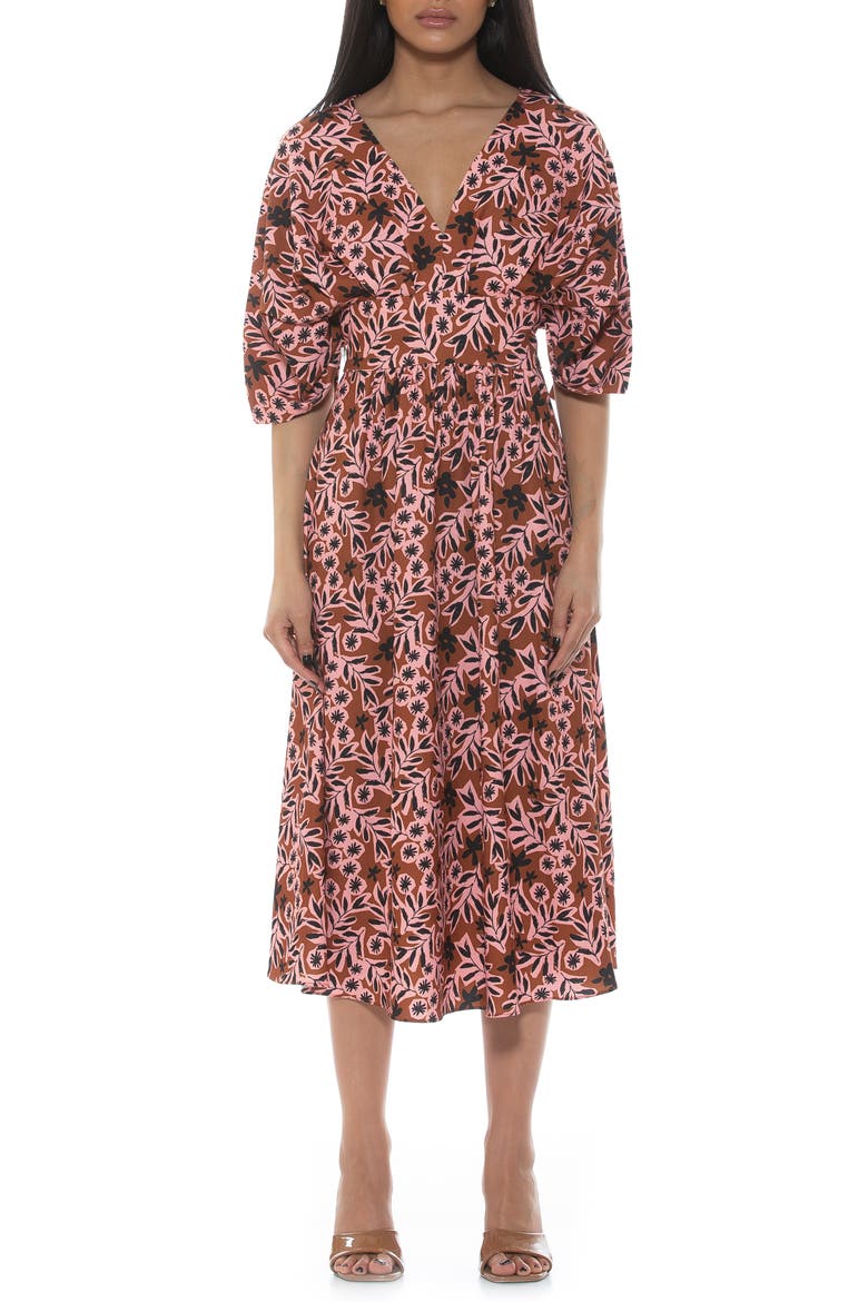 August Draped Sleeve Fit & Flare Midi Dress, Main, color, BROWN FLORAL