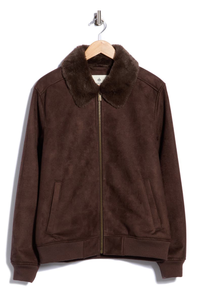 Bonded Faux Suede Bomber Jacket with Faux Fur Collar, Alternate, color, CHOCOLATE