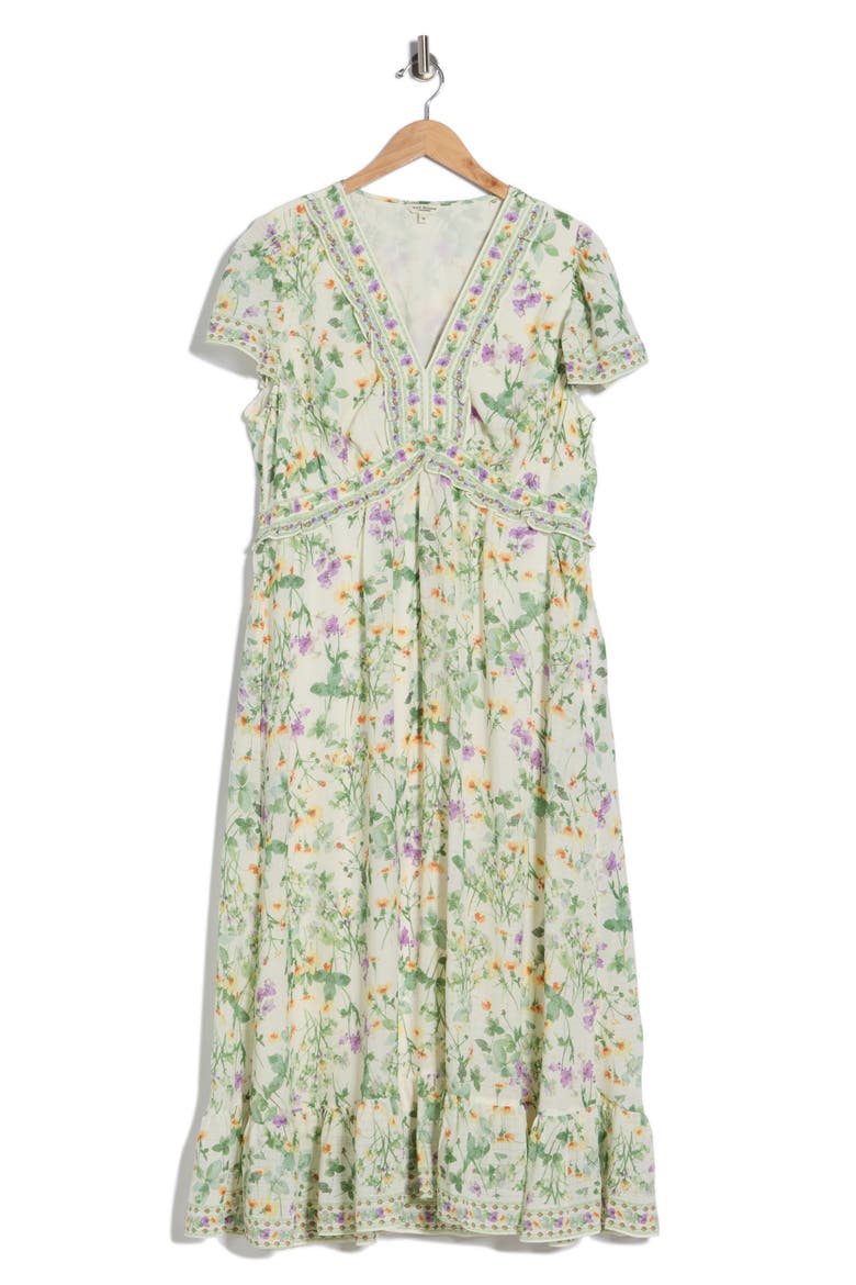 Floral Flutter Sleeve Empire Waist Maxi Dress, Alternate, color, WHITE/ PURPLE INKY BLOOM