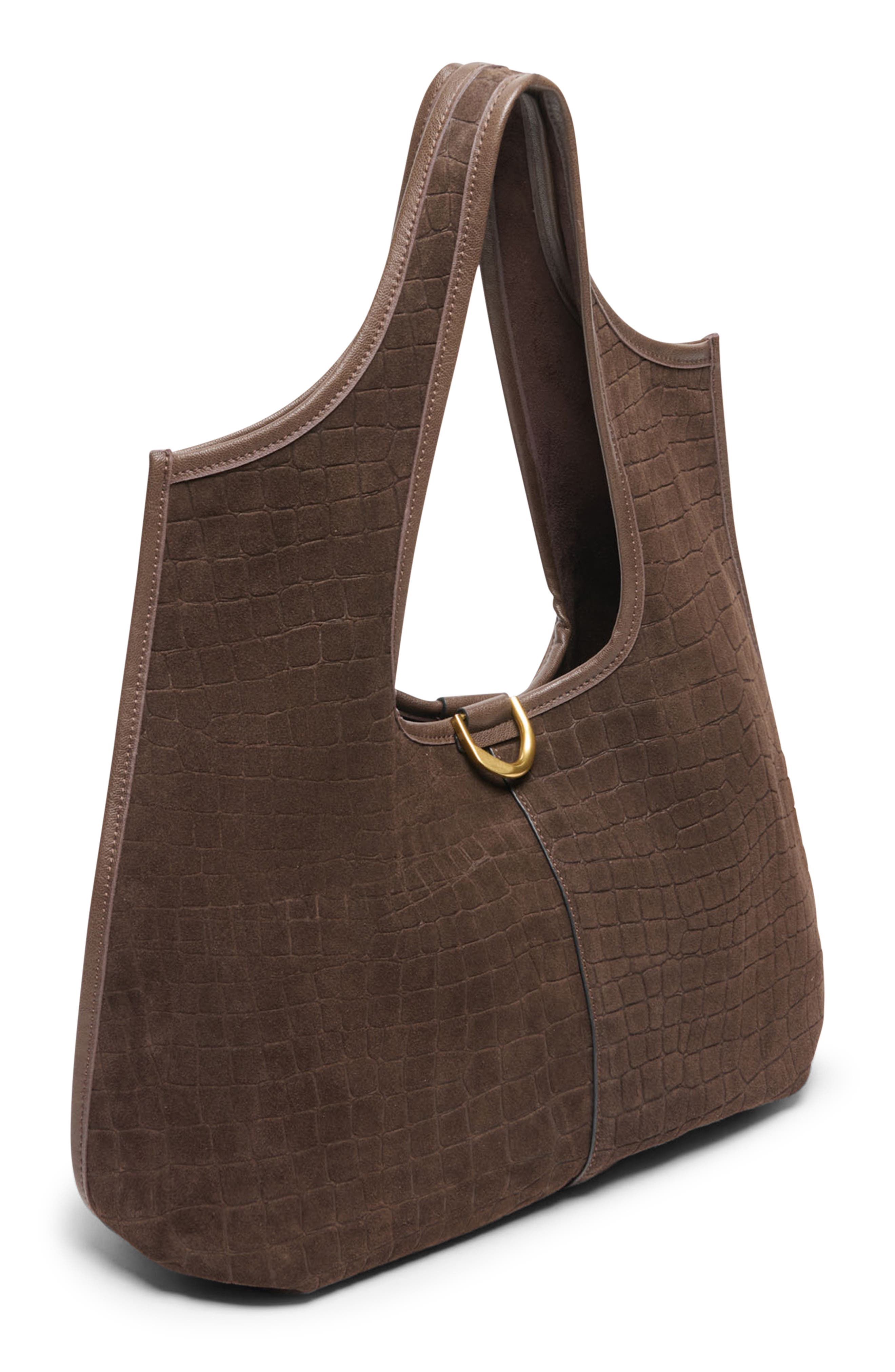 Pava Croc Embossed Suede Shoulder Bag, Alternate, color, MID BROWN