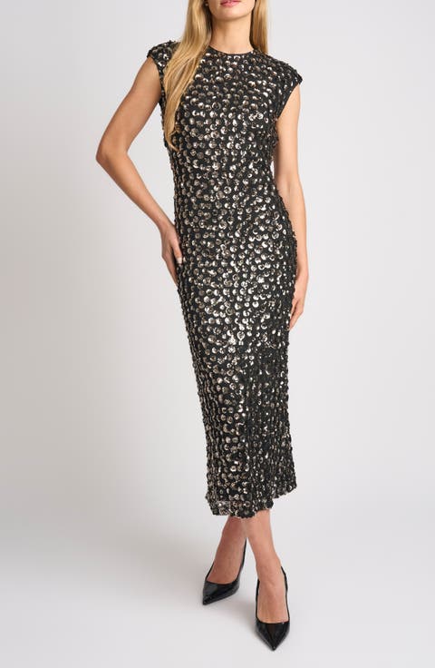 Rosie Sequin Cap Sleeve Sheath Midi Dress