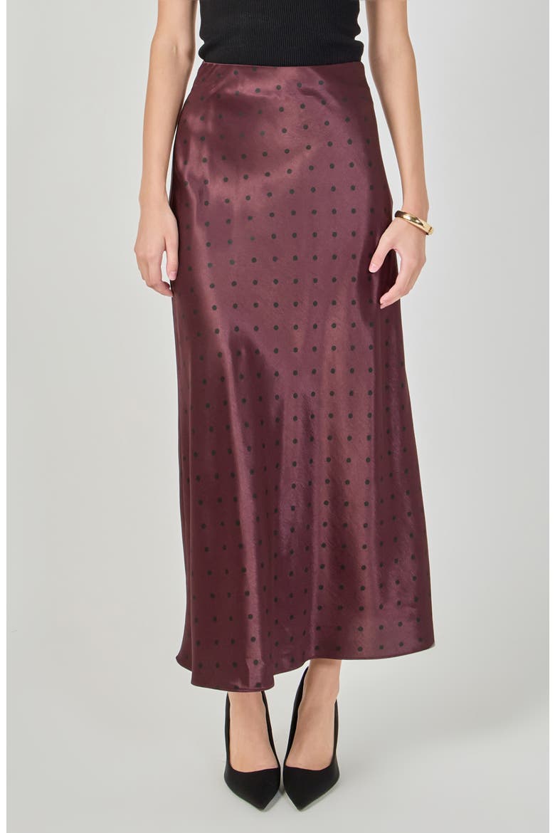 Polka Dot Satin Midi Skirt, Main, color, AUBERGINE