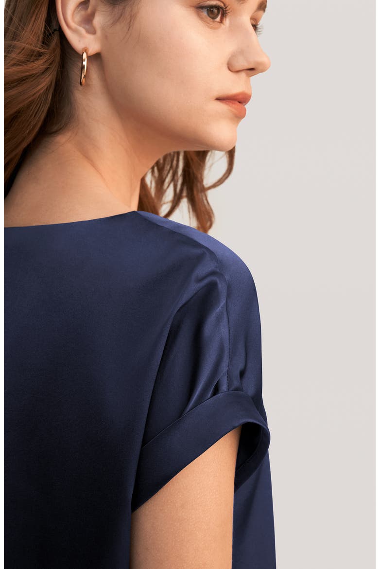 Women's Short Sleeves Round Neck Silk Tee, Alternate, color, Navy blue