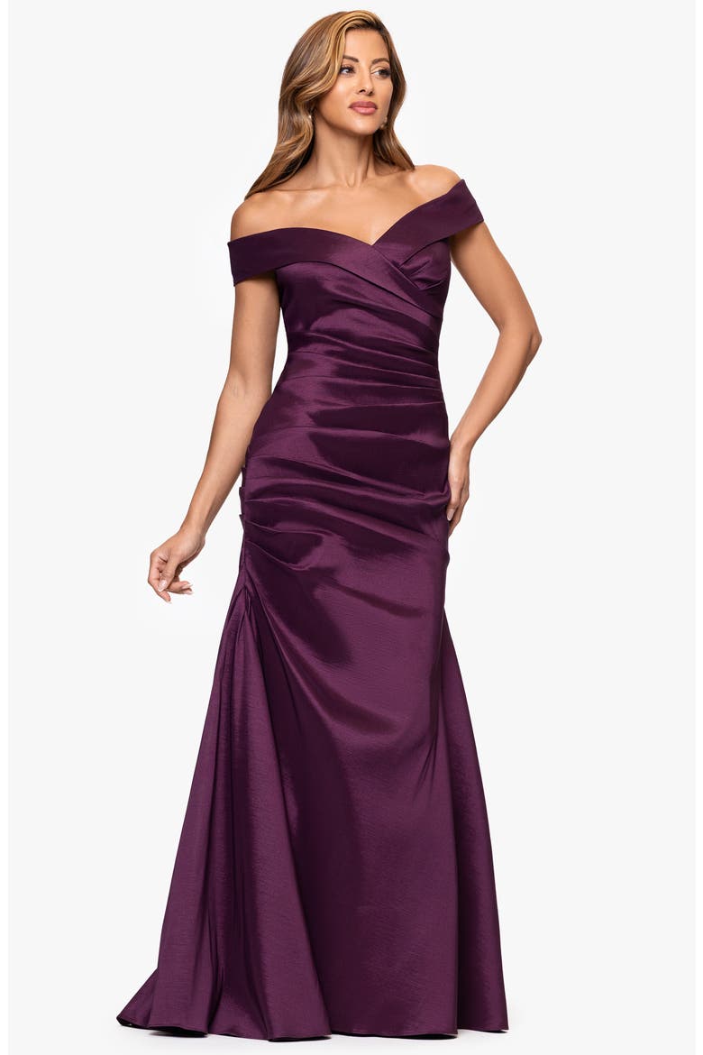 Off the Shoulder Taffeta Sheath Gown, Alternate, color, PLUM