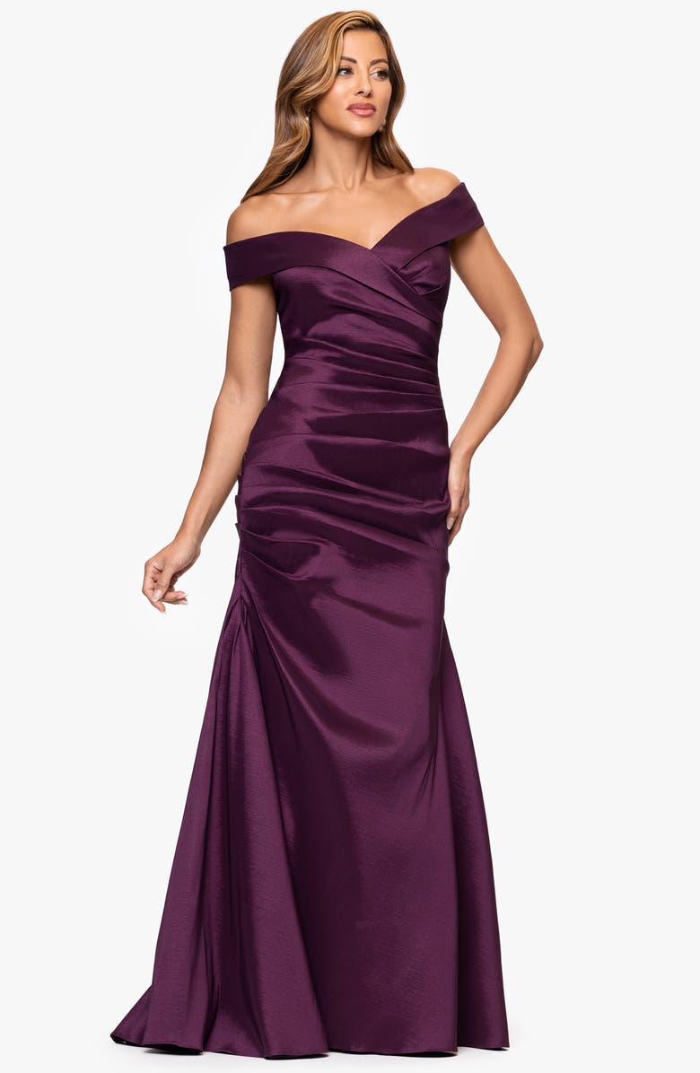 Xscape Evenings Off the Shoulder Taffeta Sheath Gown, Alternate, color, Plum